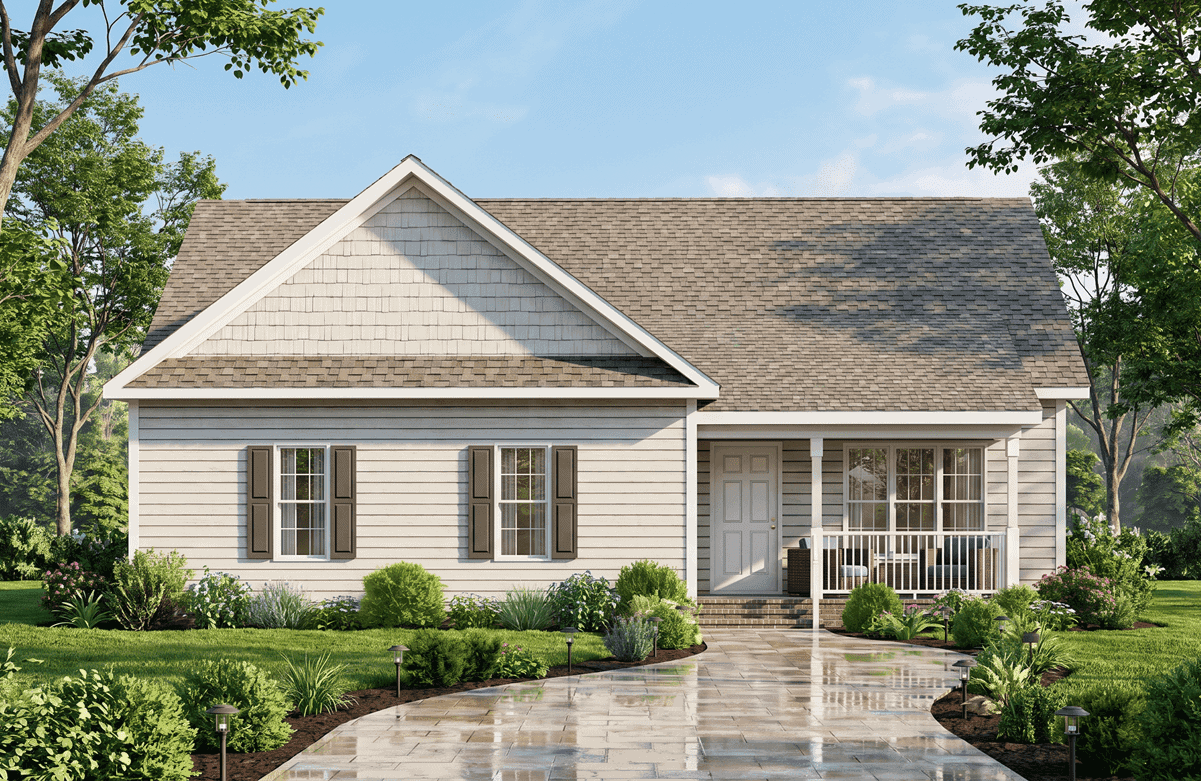 Traditional ranch home with covered front porch, steep gable roofline, and vinyl siding. 4 beds, 2 baths, 1,404 sq ft - Plan #198-1259