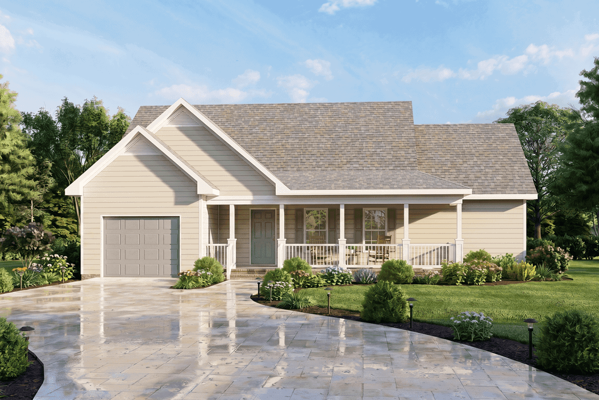 Country facade with wraparound porch, covered front entry, gable roofline, and vinyl siding. 3 beds, 2 baths, 1,251 sq ft - Plan #198-1266.