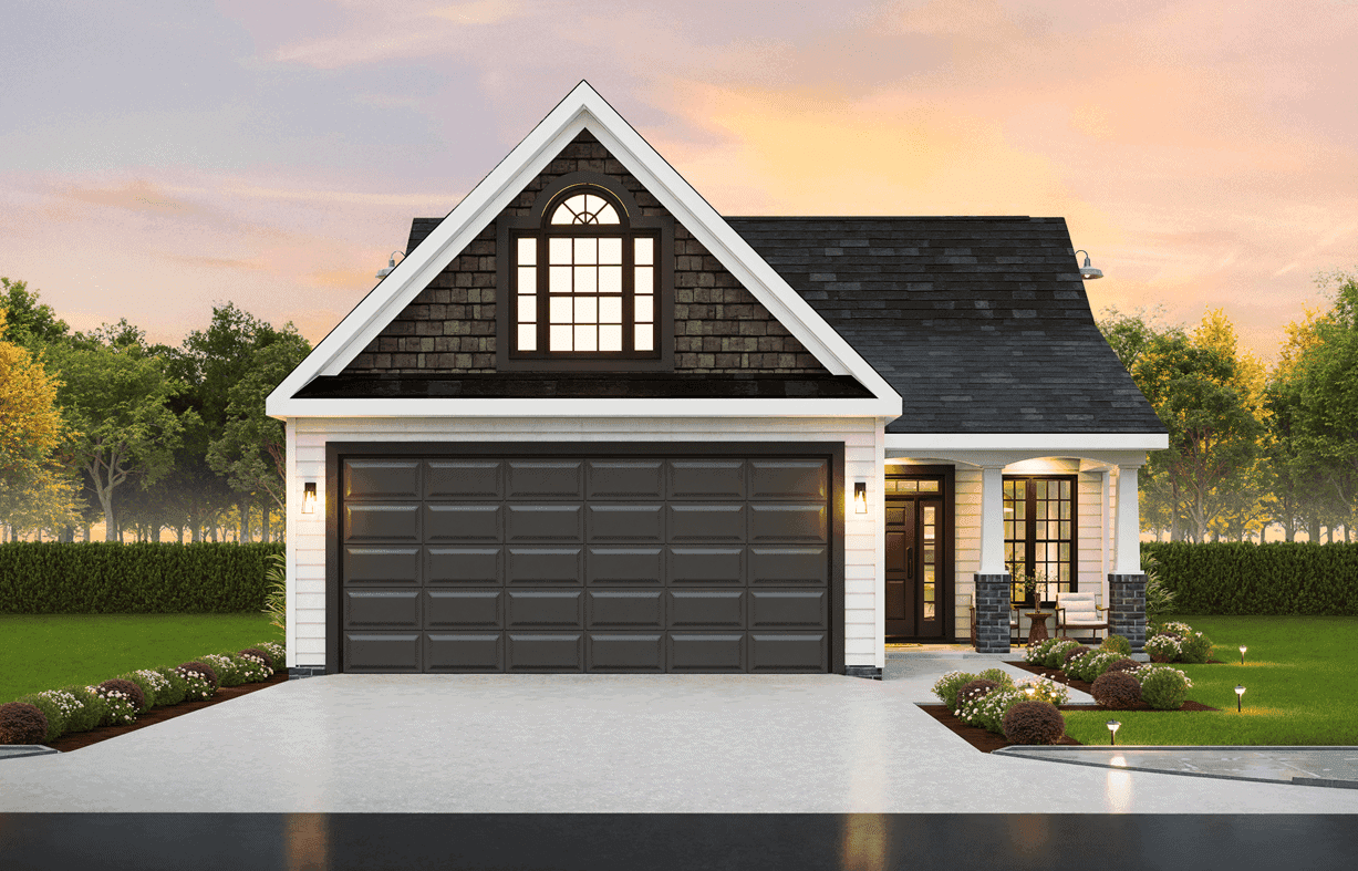 A steep gable roofline defines this 1,404 sq ft Craftsman home, complemented by vertical siding and a welcoming covered front porch. The attached one-car garage provides direct entry to interior spaces.
3 beds, 2.5 baths, 1,404 sq ft - Plan #198-1286