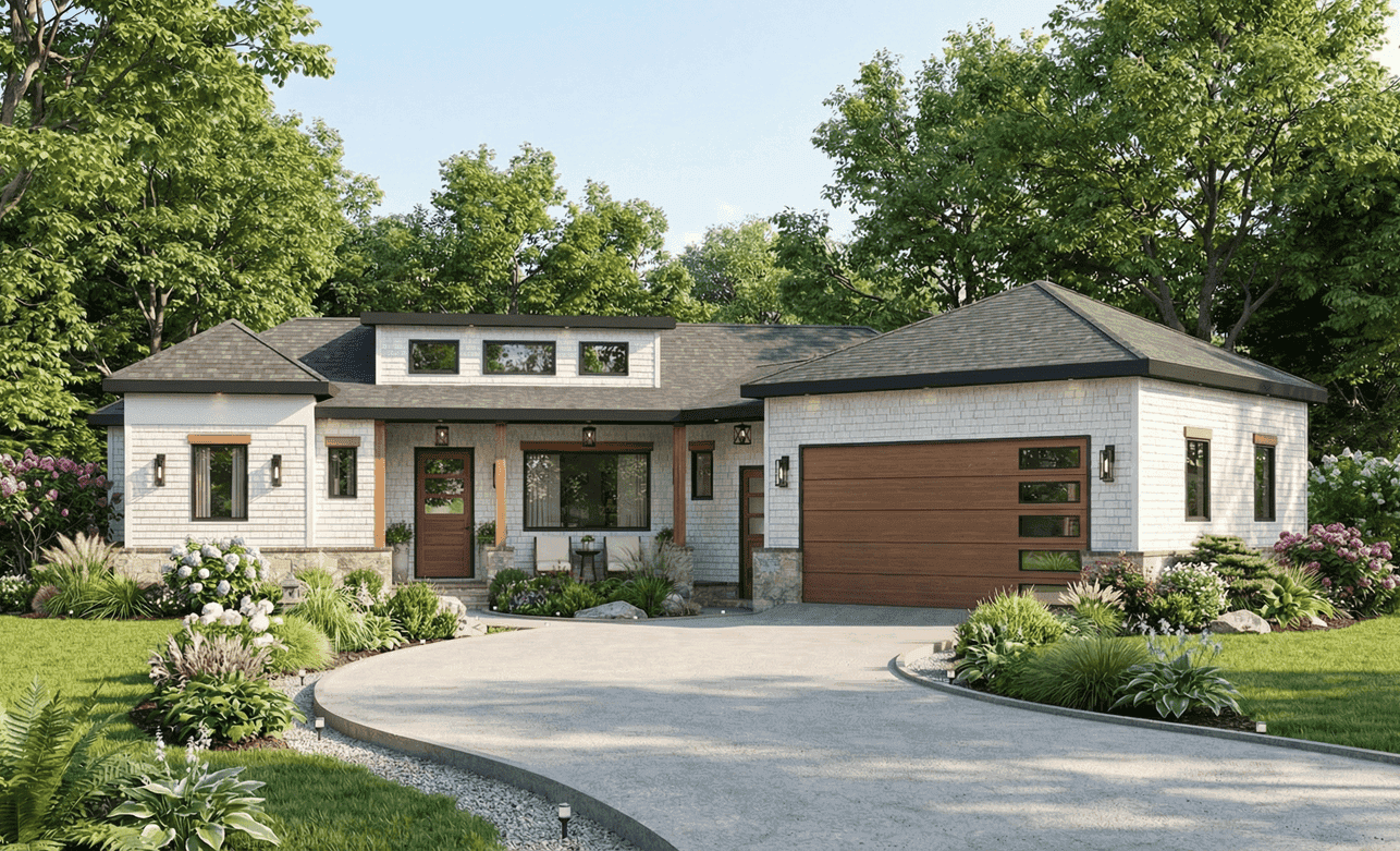 A contemporary elevation with shake siding, hip roofline, and covered front porch. 3 beds, 2 baths, 1,801 sq ft - Plan #198-1290