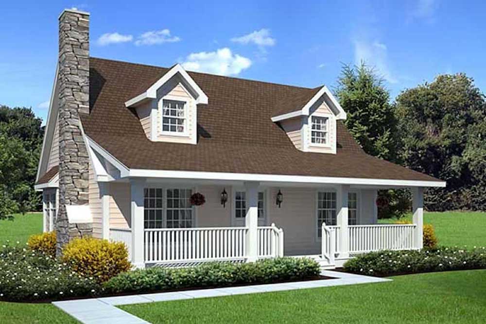  2-story, 3-bedroom, 2-bath Cape Cod house plans 131-1017 with twin dormers and white pillars around the spacious front porch